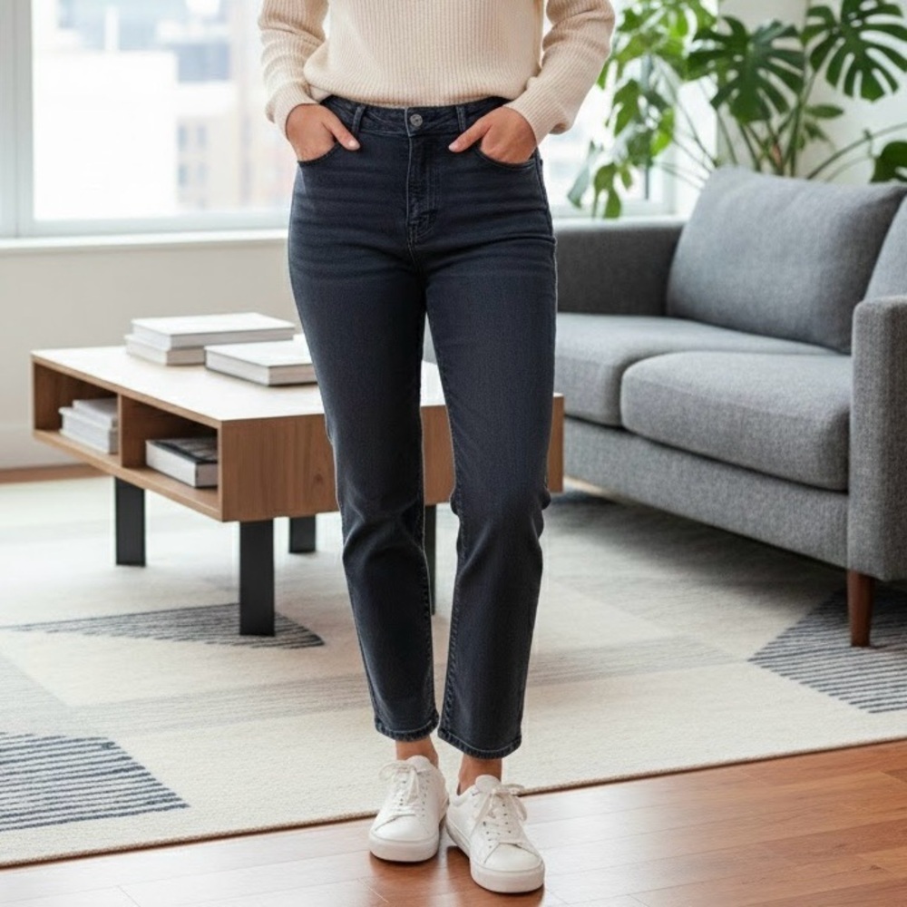 Imelda Jeans High-Waisted Straight Leg Denim Faded Dark Wash Moto Chic Grunge